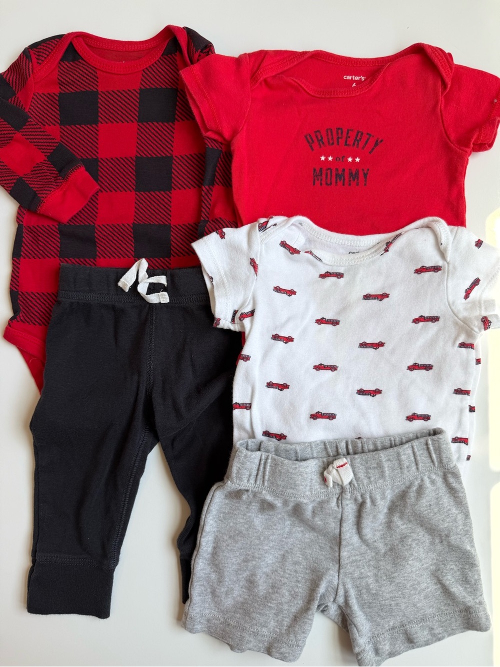 S/5 Carter's Red Black Buffalo Plaid & Truck Print Baby Outfit Set 6M